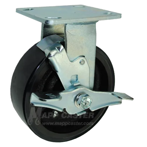 6" x 2" Polyurethane on Iron Wheel Rigid Caster with Brake - 1,250 Lbs Capacity