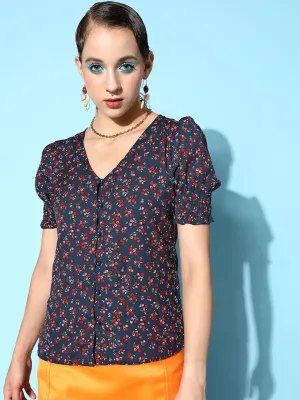 Berrylush Women Navy Blue & Pink Floral Printed V-Neck Front Button-Up Crepe Smocked Top