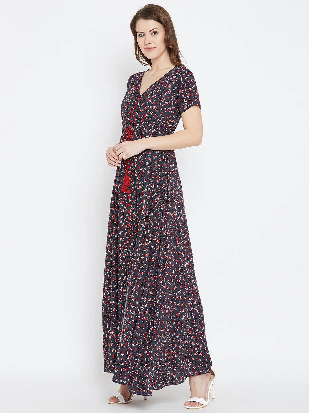 Berrylush Women Navy Blue & Red Floral Printed V-Neck Button Tie-Up Flared Maxi Dress