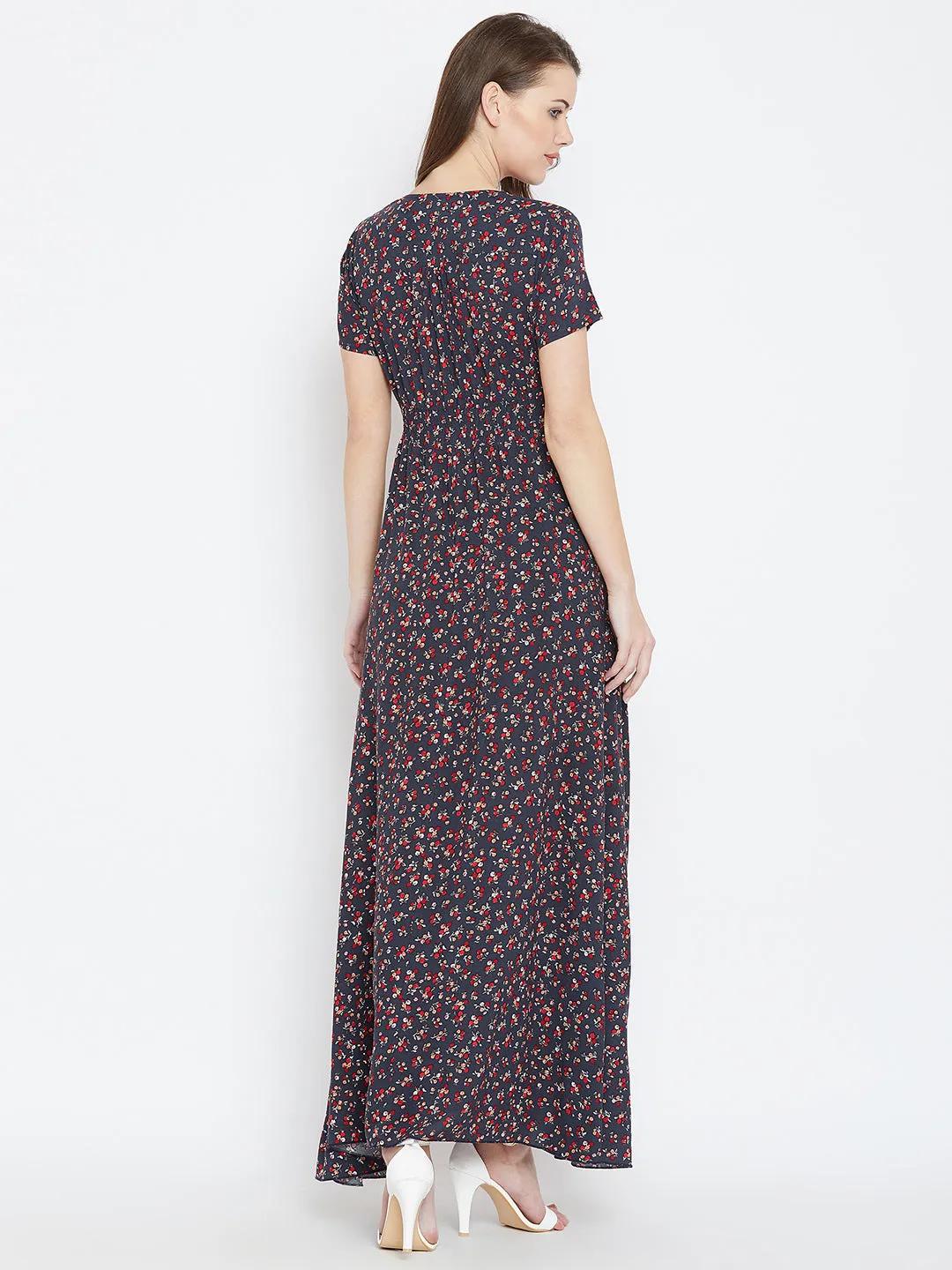 Berrylush Women Navy Blue & Red Floral Printed V-Neck Button Tie-Up Flared Maxi Dress