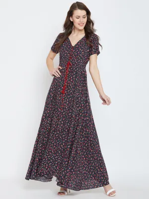 Berrylush Women Navy Blue & Red Floral Printed V-Neck Button Tie-Up Flared Maxi Dress