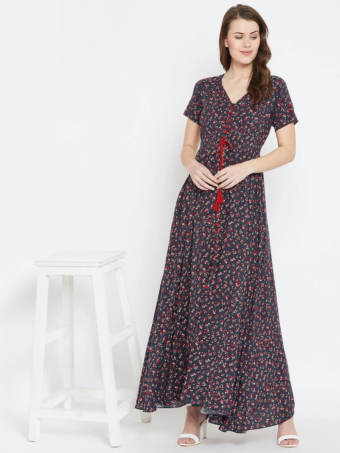 Berrylush Women Navy Blue & Red Floral Printed V-Neck Button Tie-Up Flared Maxi Dress