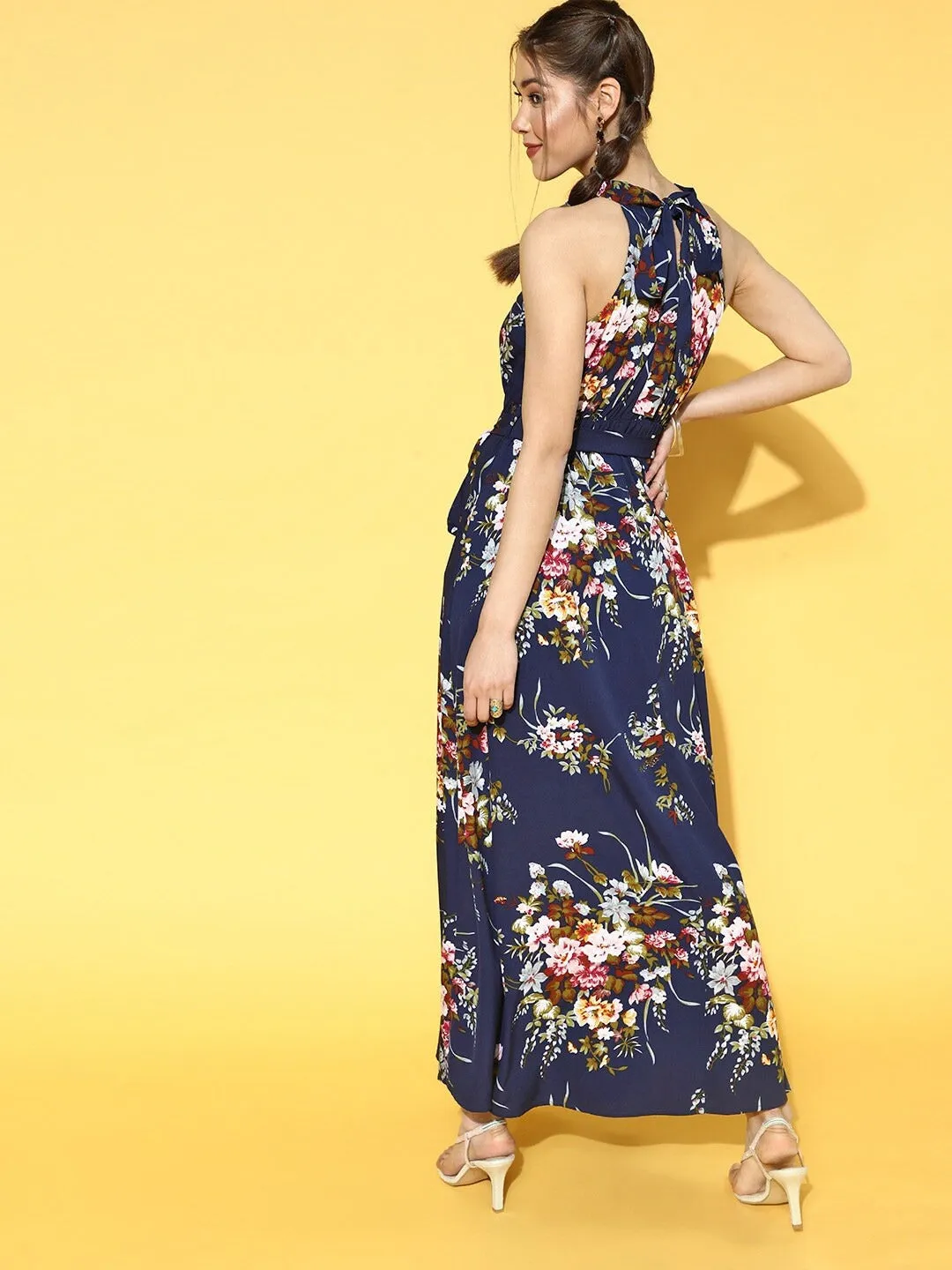 Berrylush Women Navy Blue Floral Printed Round-Neck Waist Tie-Up Maxi Dress