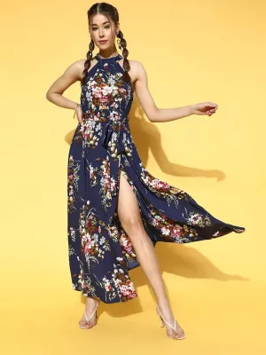 Berrylush Women Navy Blue Floral Printed Round-Neck Waist Tie-Up Maxi Dress