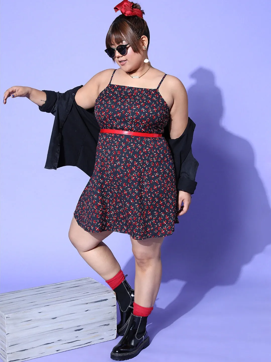 Berrylush Women Plus Size Navy Blue & Red Floral Printed Square Neck Crepe Flared A-Line Mini Dress