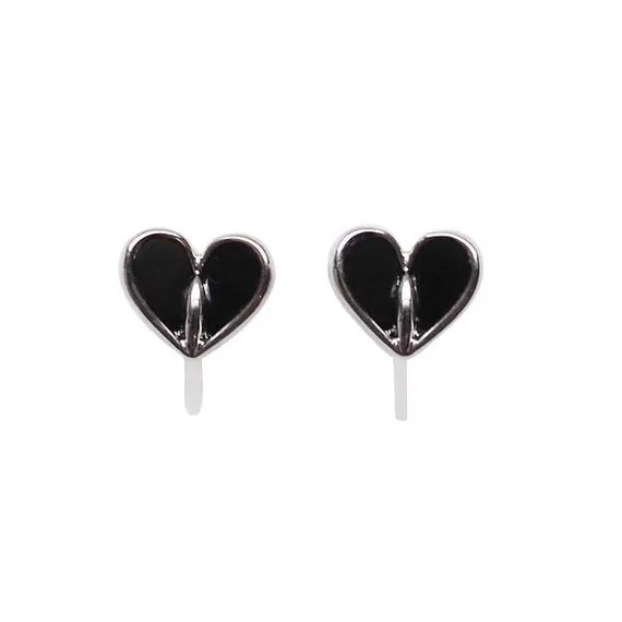 Black Onyx  Heart Invisible Clip On Stud Earrings (Silver tone)