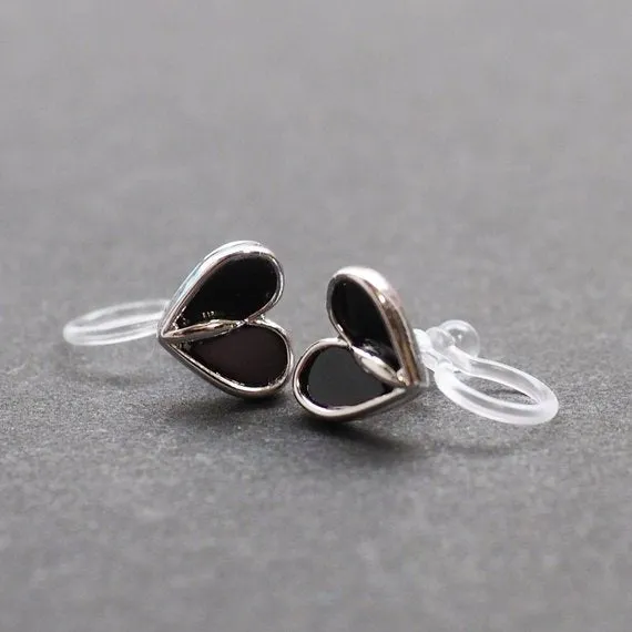 Black Onyx  Heart Invisible Clip On Stud Earrings (Silver tone)