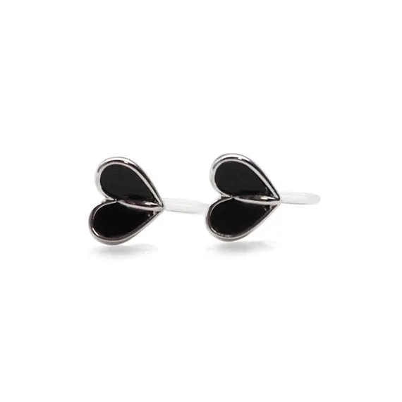 Black Onyx  Heart Invisible Clip On Stud Earrings (Silver tone)