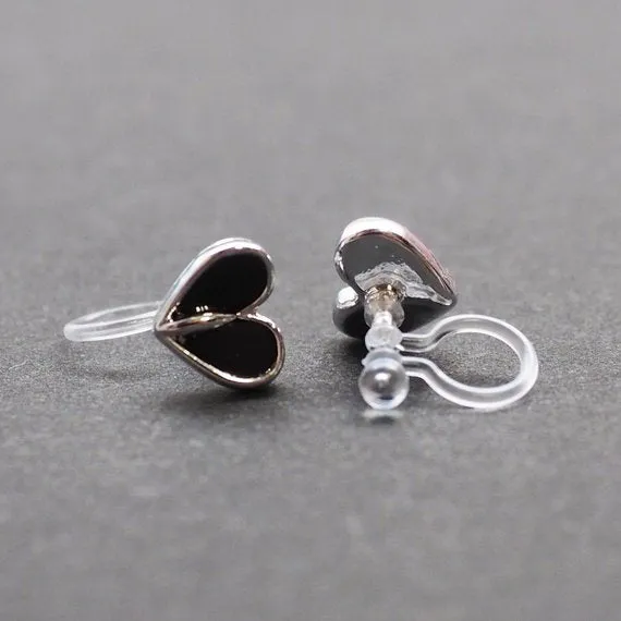 Black Onyx  Heart Invisible Clip On Stud Earrings (Silver tone)