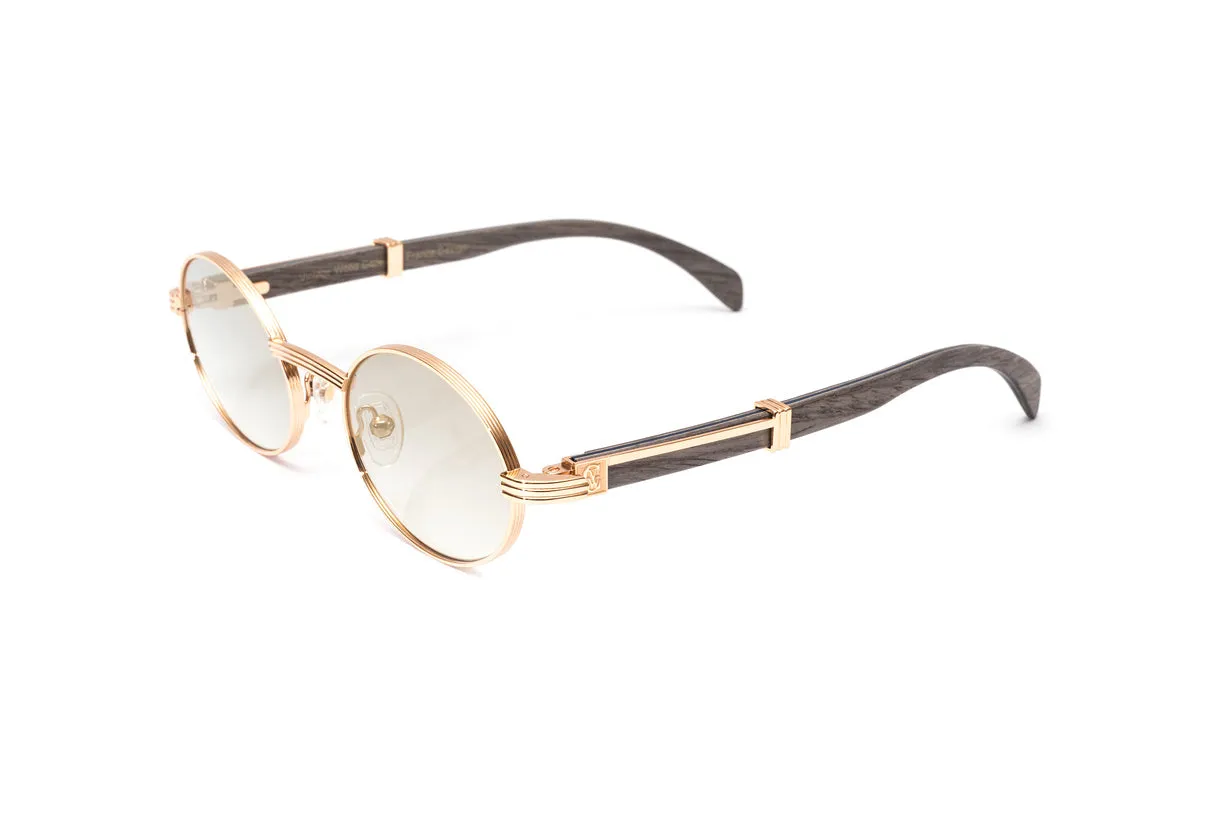 BRIGADE 18KT Rose Gold & Grey Wood Oval Sunglasses, Gradient Grey   White Gold Mirror Lenses