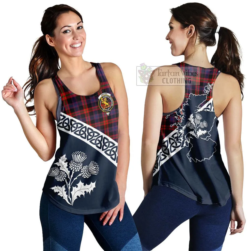 Brown (Broun) Tartan Women's Racerback Tanks Featuring Thistle and Scotland Map