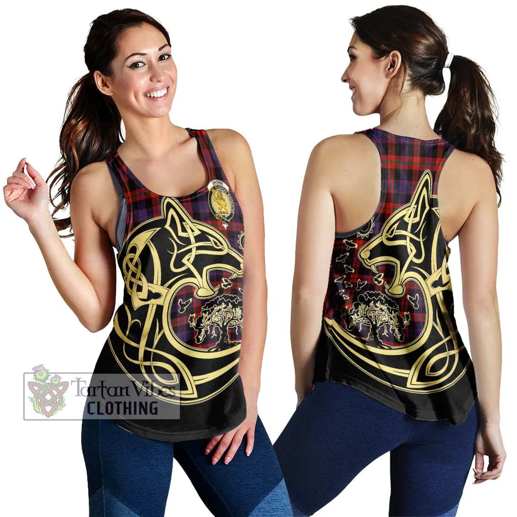 Brown (Broun) Tartan Women's Racerback Tanks with Family Crest Celtic Wolf Style