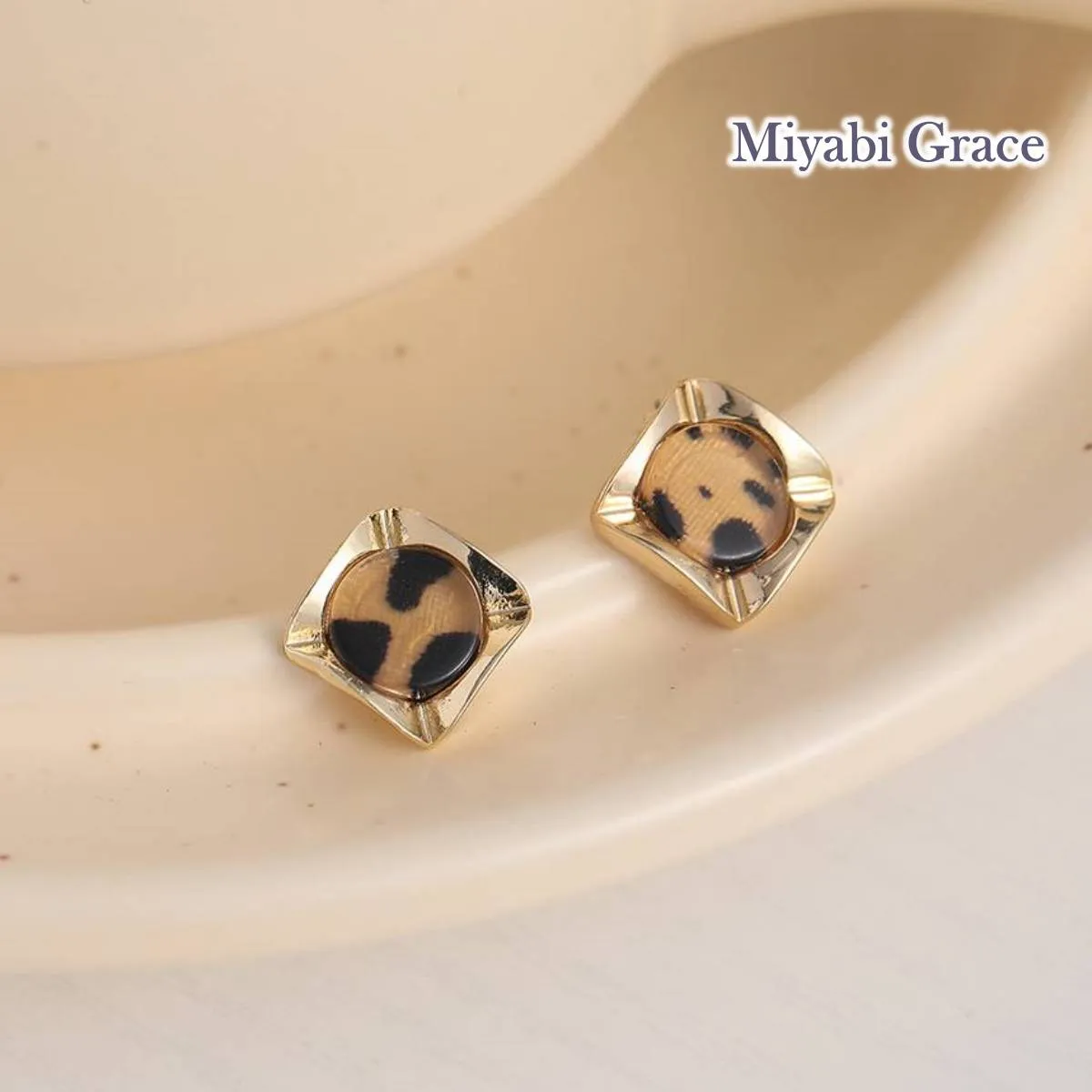 Brown Leopard Gold Invisible Clip On Stud Earrings