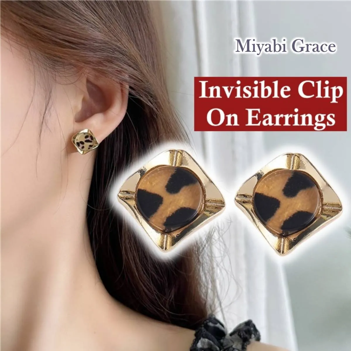 Brown Leopard Gold Invisible Clip On Stud Earrings