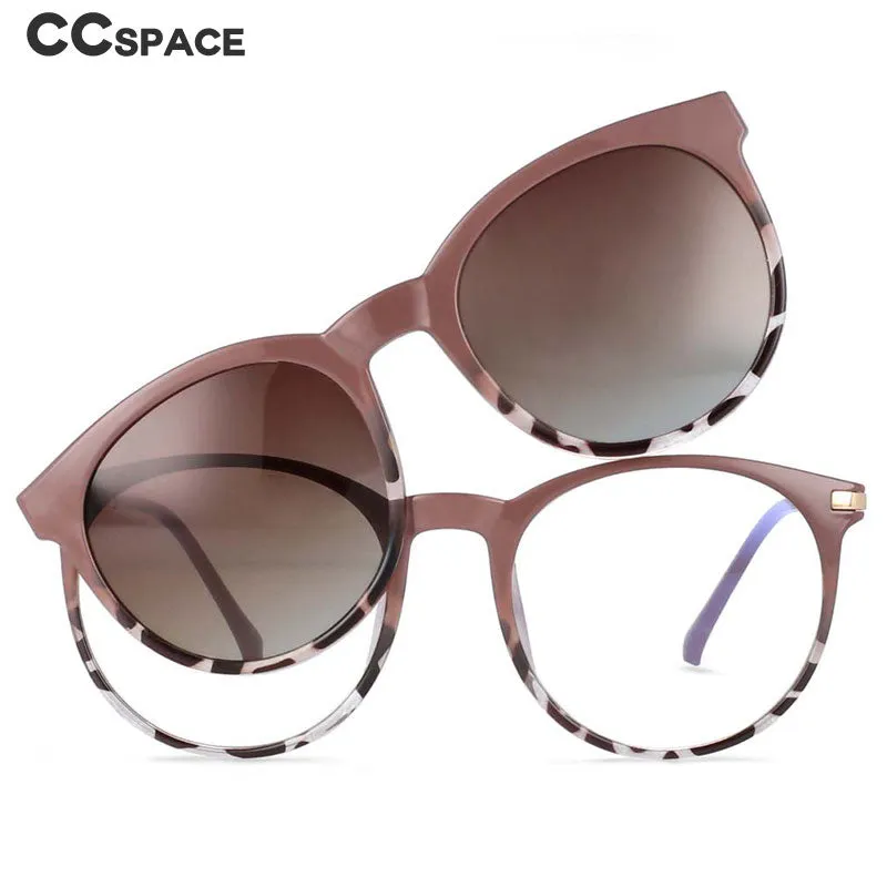 CCspace Unisex Full Rim Round Tr 90 Titanium Frame Eyeglasses Clip On Sunglasses 54044