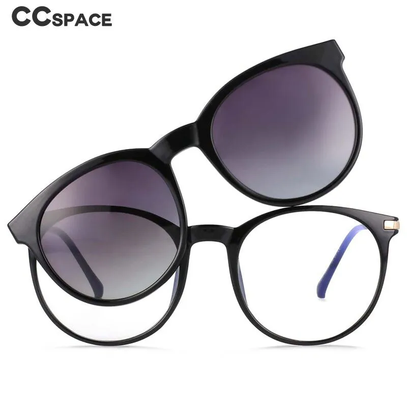 CCspace Unisex Full Rim Round Tr 90 Titanium Frame Eyeglasses Clip On Sunglasses 54044