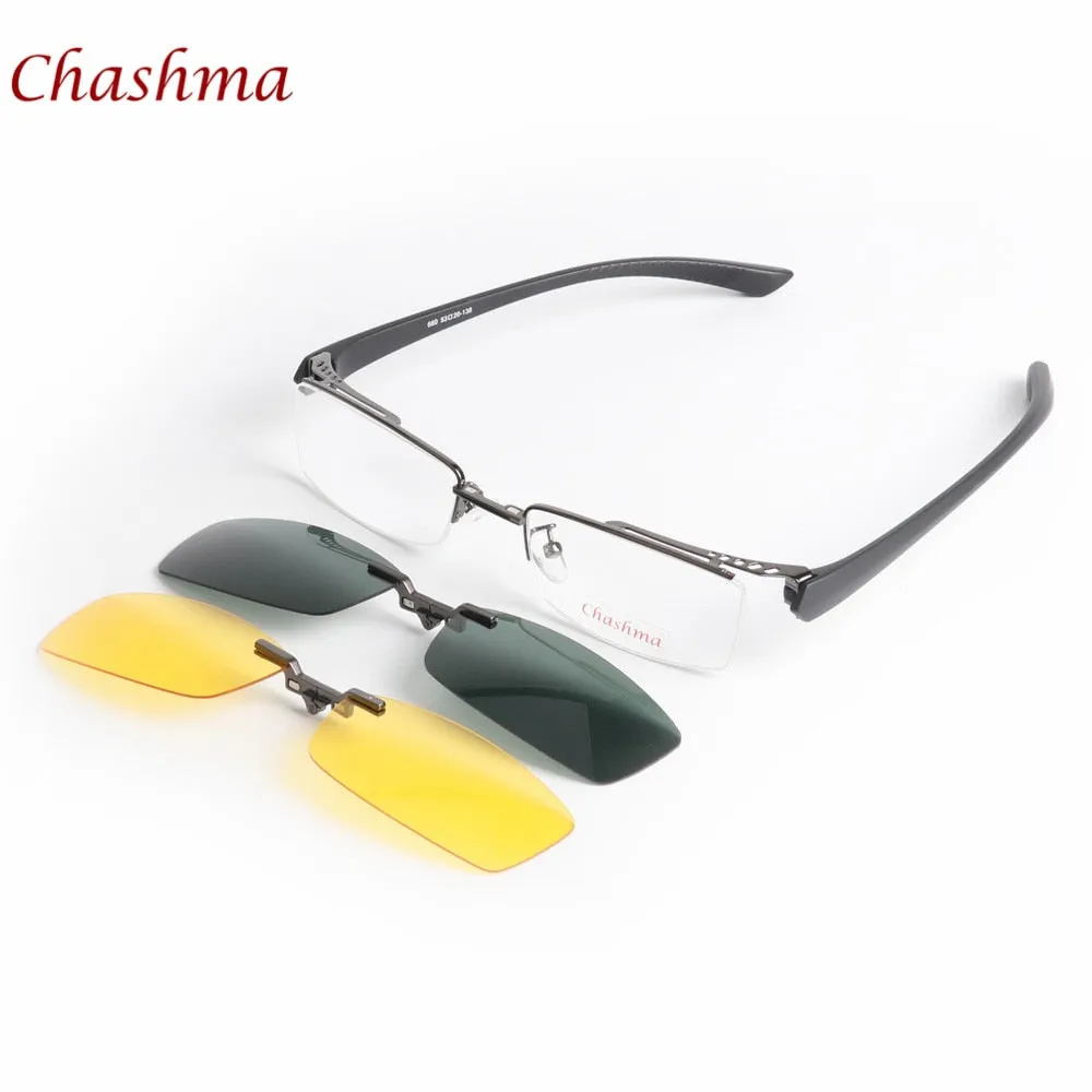 Chashma Ochki Men's Semi Rim Rectangle Alloy Eyeglasses Clip On Polarized Sunglasses 680