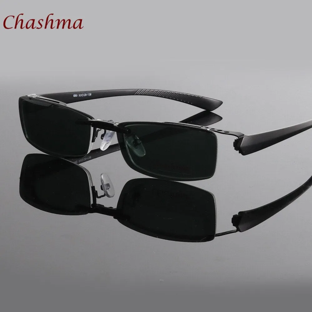 Chashma Ochki Men's Semi Rim Rectangle Alloy Eyeglasses Clip On Polarized Sunglasses 680