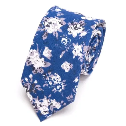 Classy Men Sky Blue Floral Skinny Cotton Tie