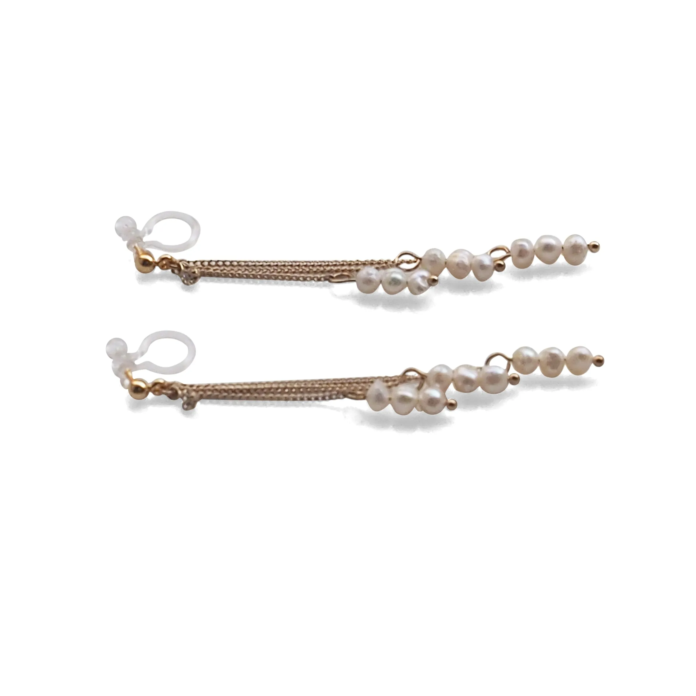 Dangle Beaded White Freshwater Pearl Invisible Clip On Earrings (Gold tone)