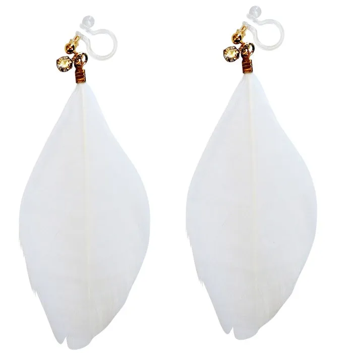 Dangle Feather Invisible Clip On Earrings ( White, Pink, Green, Black, White & Gold, Black & Silver)