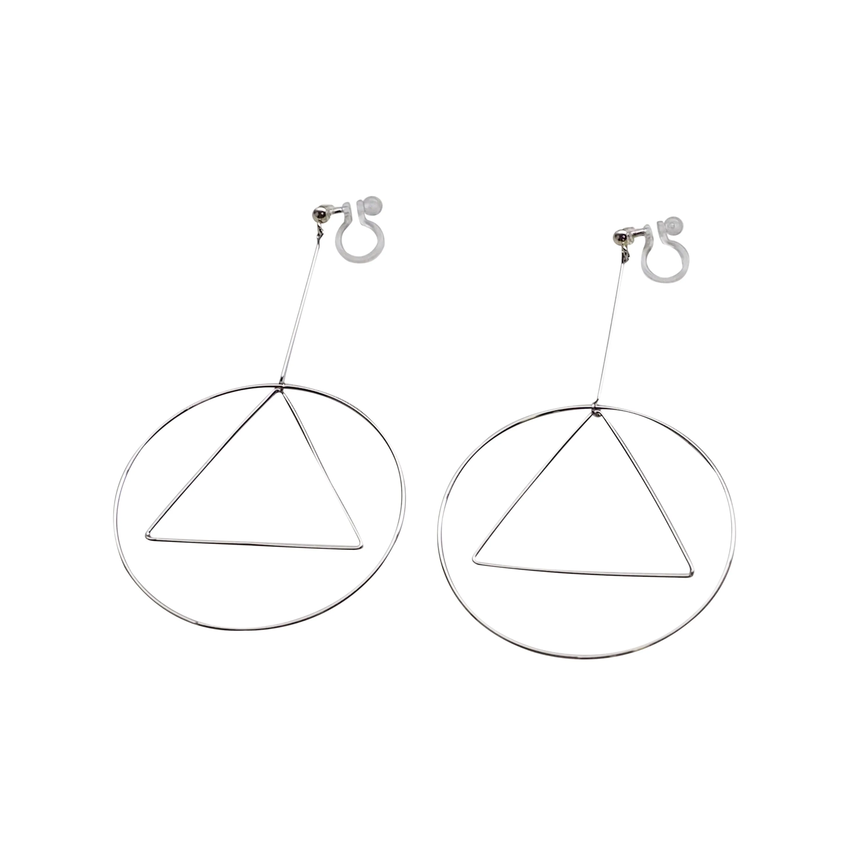 Dangle Silver Geometric Hoop Invisible Clip On Earrings