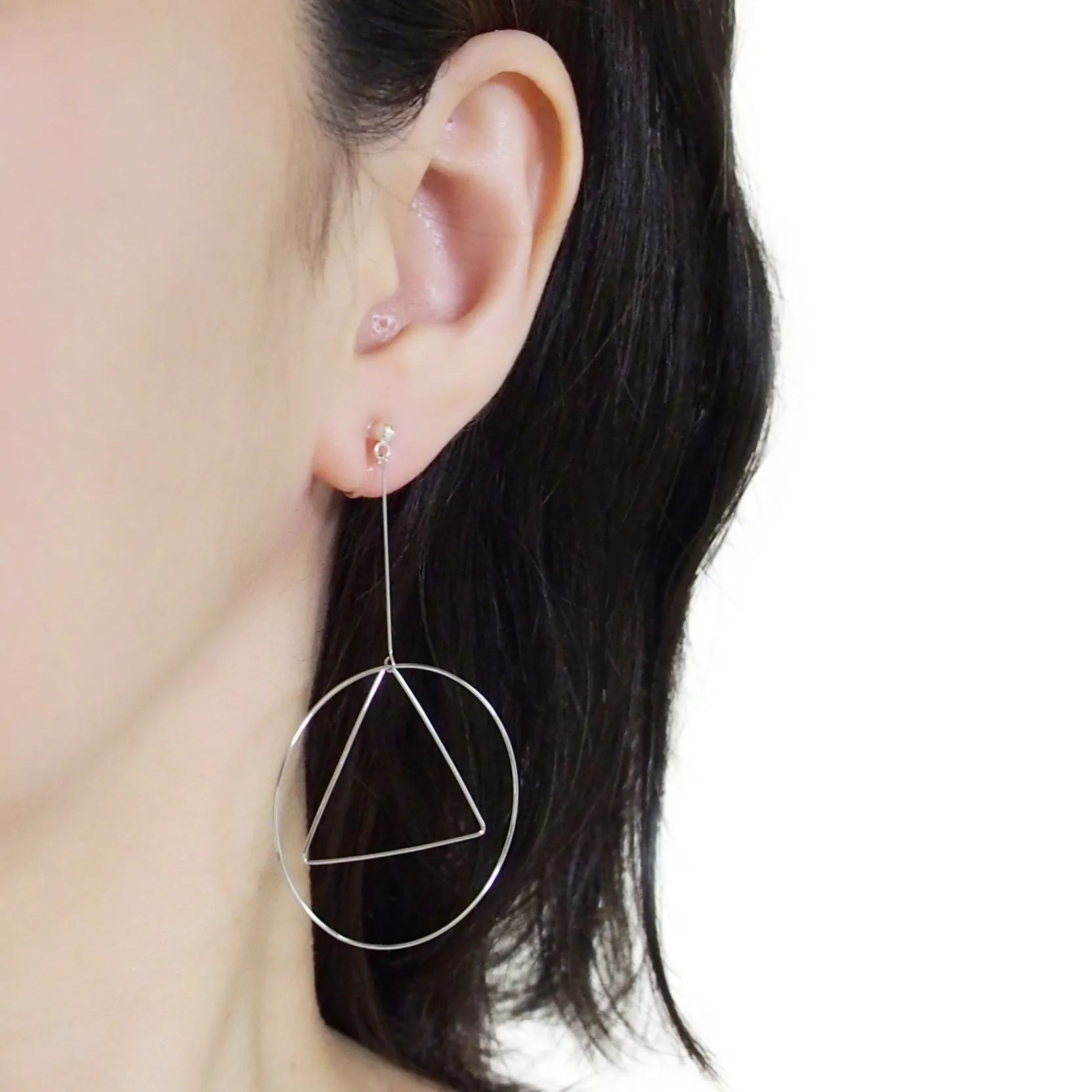 Dangle Silver Geometric Hoop Invisible Clip On Earrings