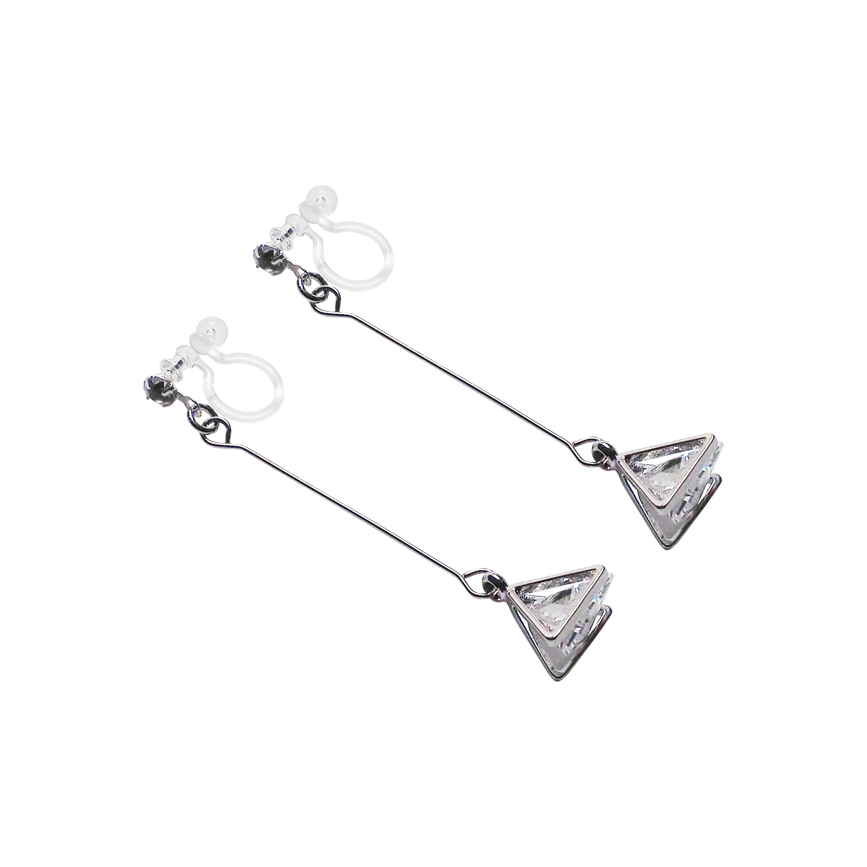 Dangle Silver Triangle Cubic Zirconia Crystal Invisible Clip On Earrings