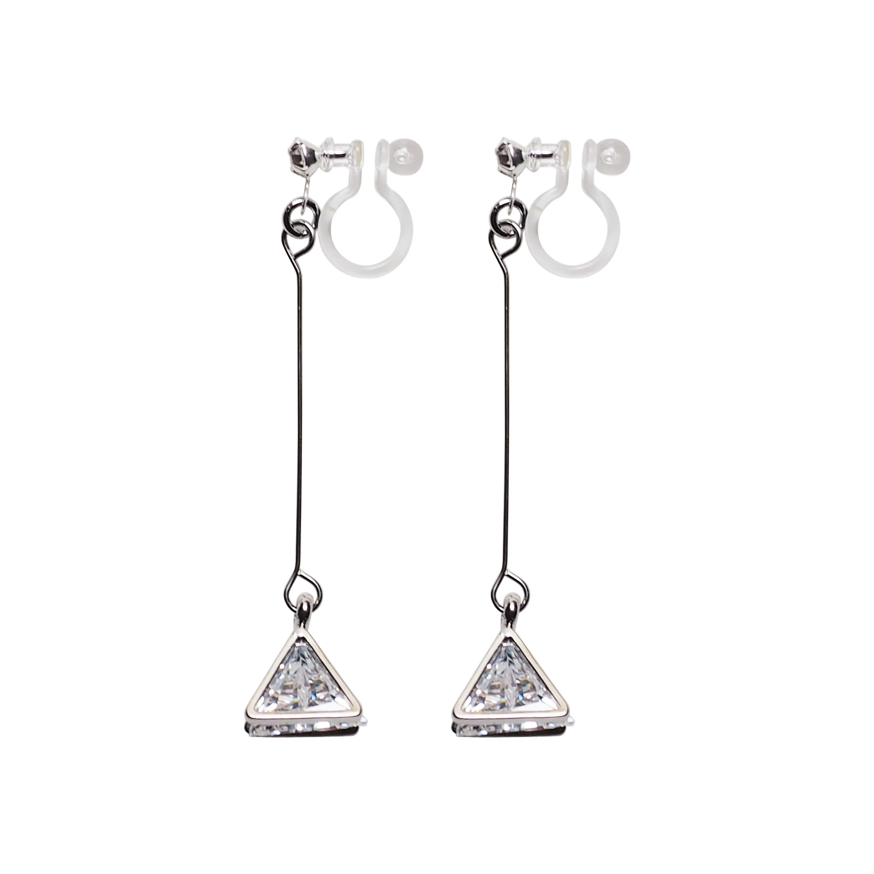 Dangle Silver Triangle Cubic Zirconia Crystal Invisible Clip On Earrings