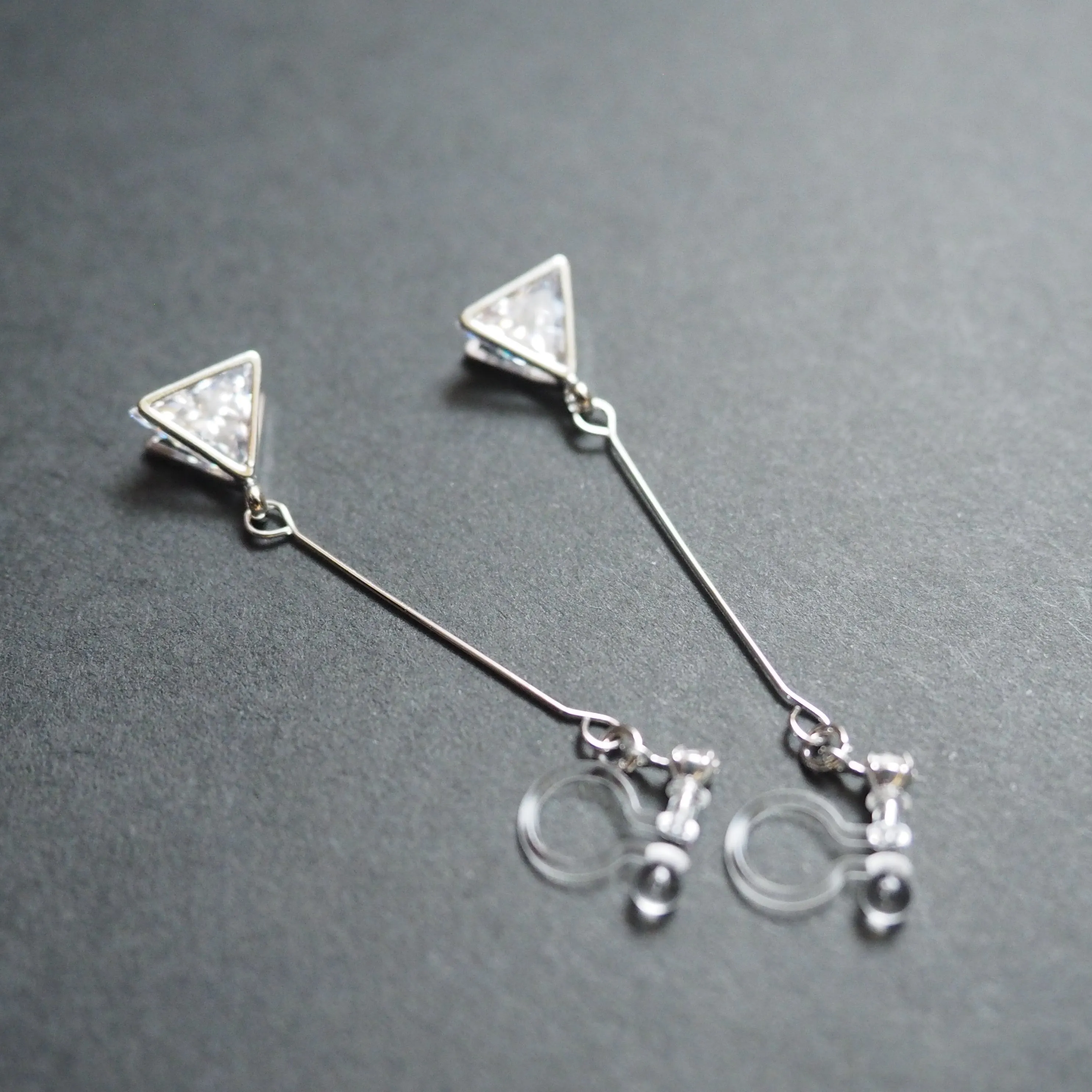 Dangle Silver Triangle Cubic Zirconia Crystal Invisible Clip On Earrings