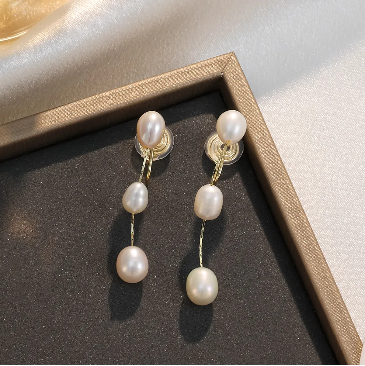 Dangle Three White Freshwater Pearl Long Gold Chain Coil ClipOn Earrings