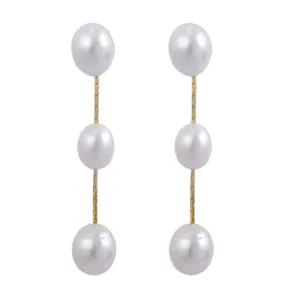 Dangle Three White Freshwater Pearl Long Gold Chain Coil ClipOn Earrings