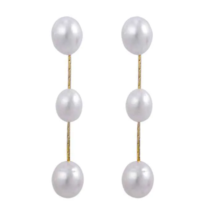 Dangle Three White Freshwater Pearl Long Gold Chain Coil ClipOn Earrings