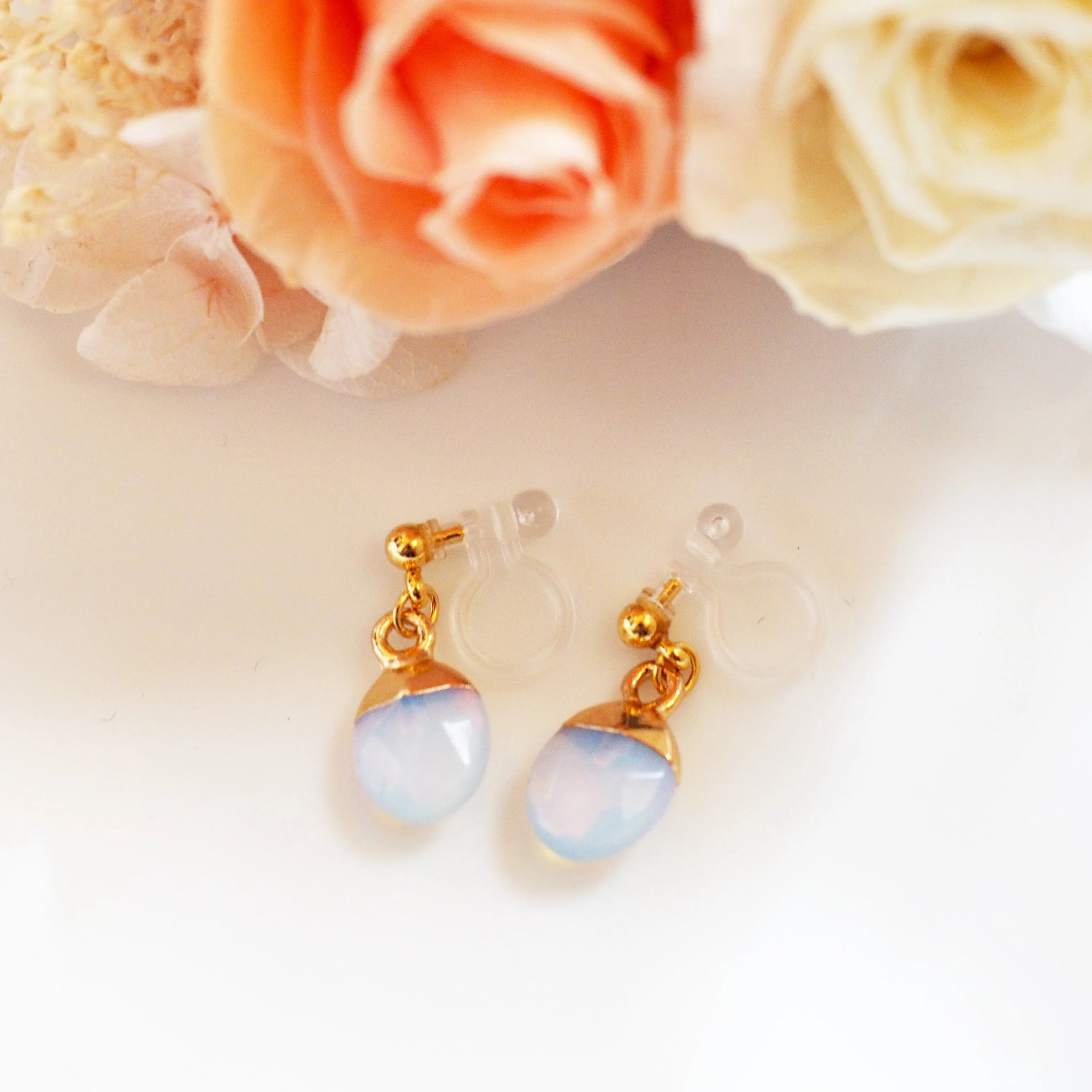 Drop Synthhetic White Opal Invisible Clip On Earrings