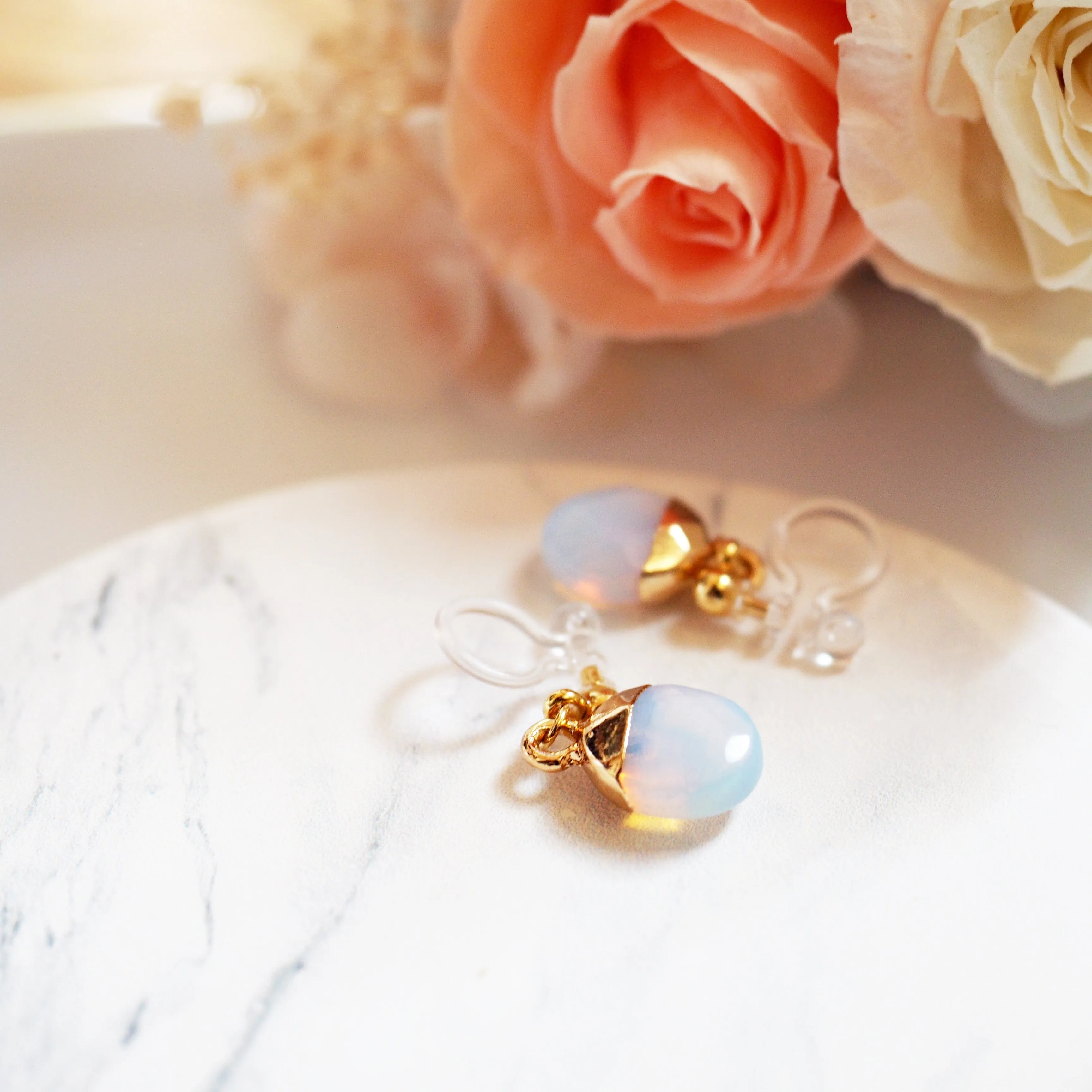 Drop Synthhetic White Opal Invisible Clip On Earrings