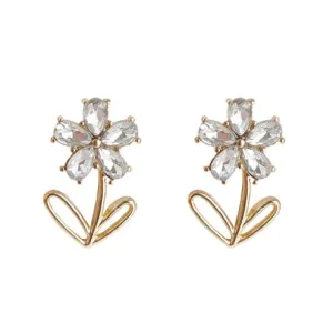 Flower Clear Crystal Rhinestone Invisible Clip On Stud Earrings