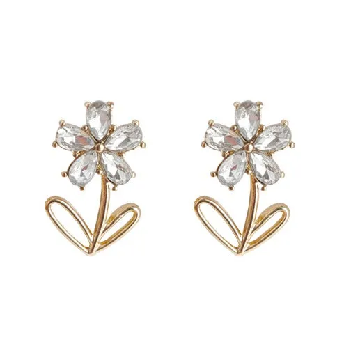 Flower Clear Crystal Rhinestone Invisible Clip On Stud Earrings