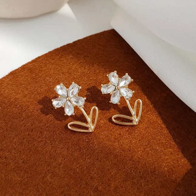 Flower Clear Crystal Rhinestone Invisible Clip On Stud Earrings