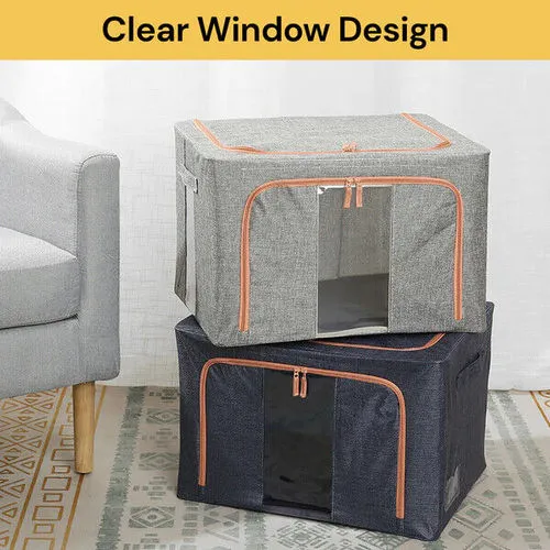 Foldable 24L Linen Storage Box, Steel Frame, 2 Windows