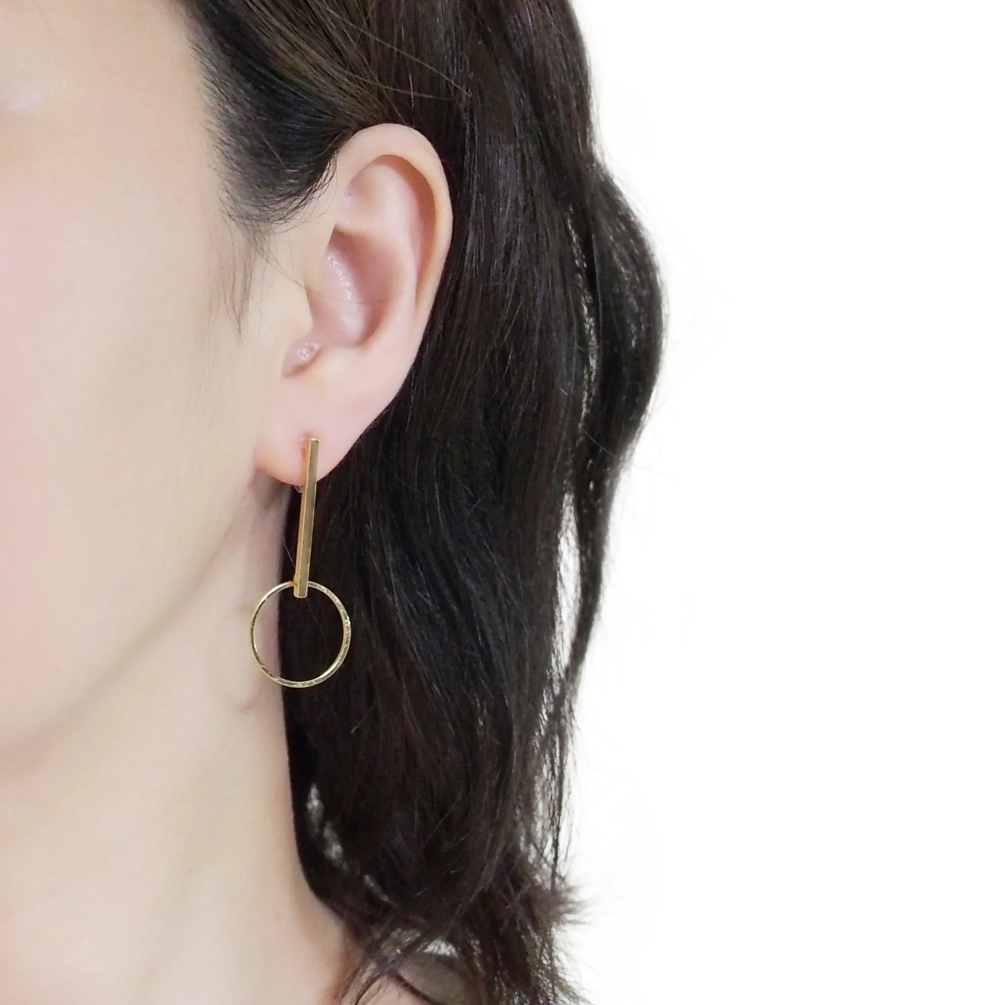 Gold Bar and Circle Invisible Clip On Stud Earrings