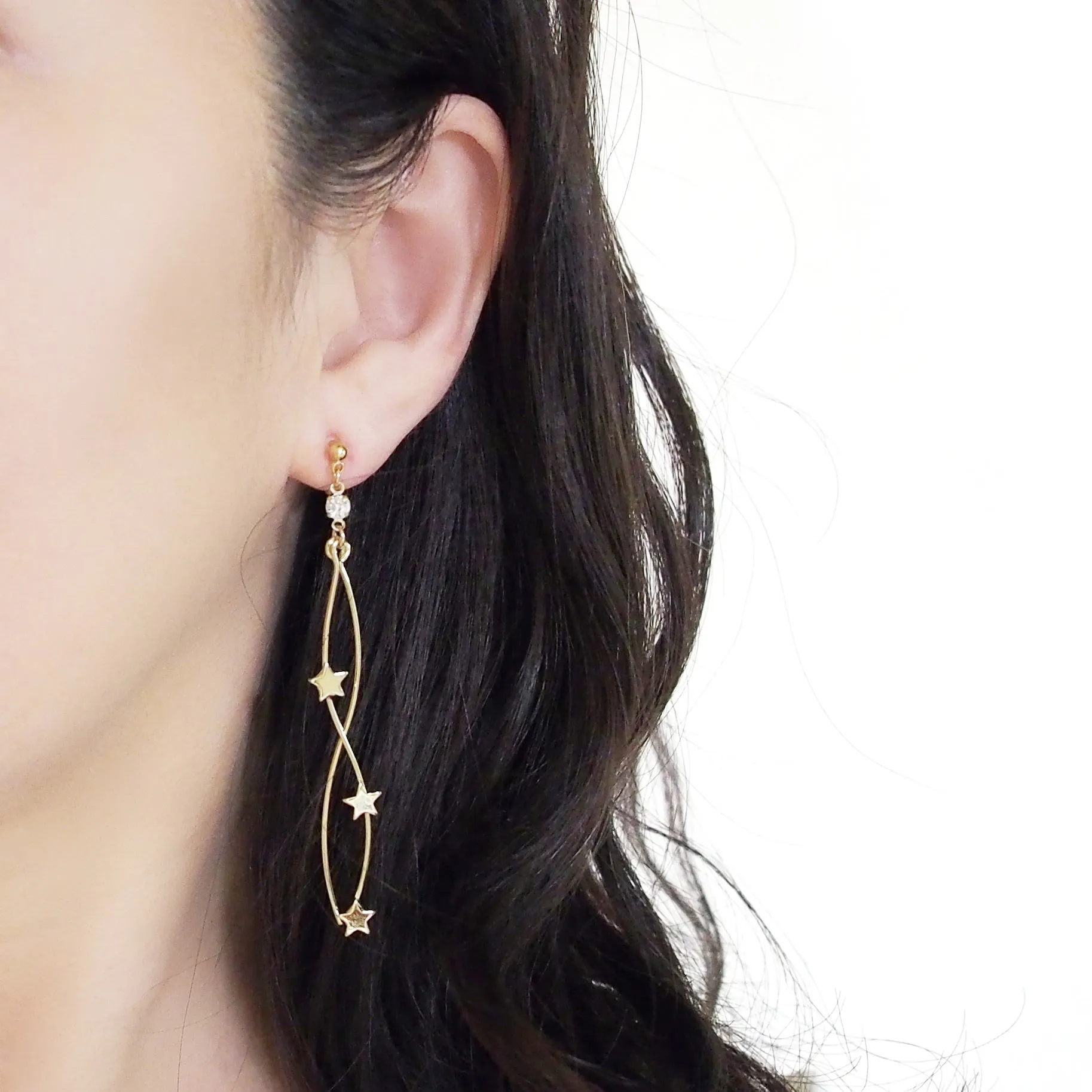 Gold star wave bar dangle invisible clip on earrings