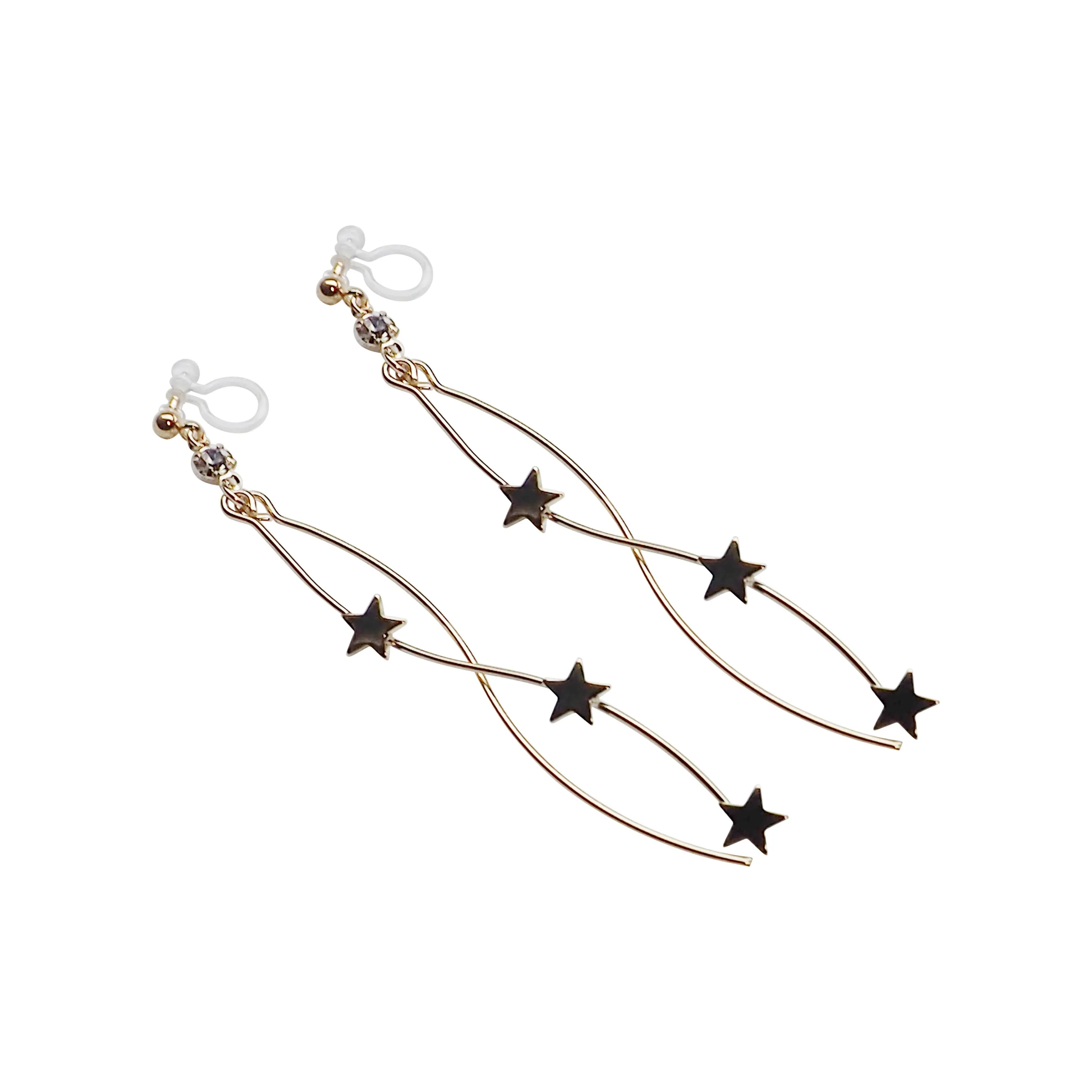 Gold star wave bar dangle invisible clip on earrings