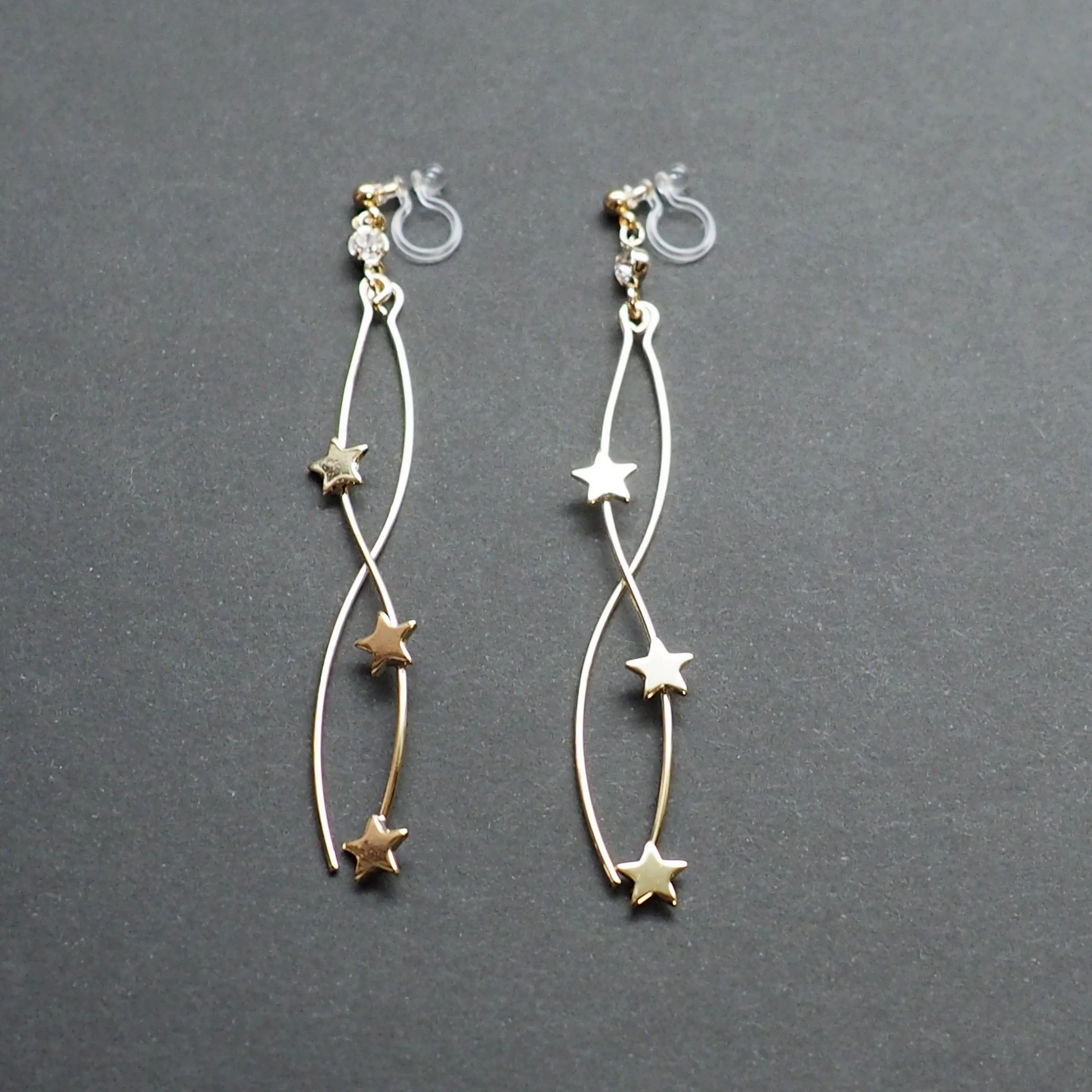 Gold star wave bar dangle invisible clip on earrings