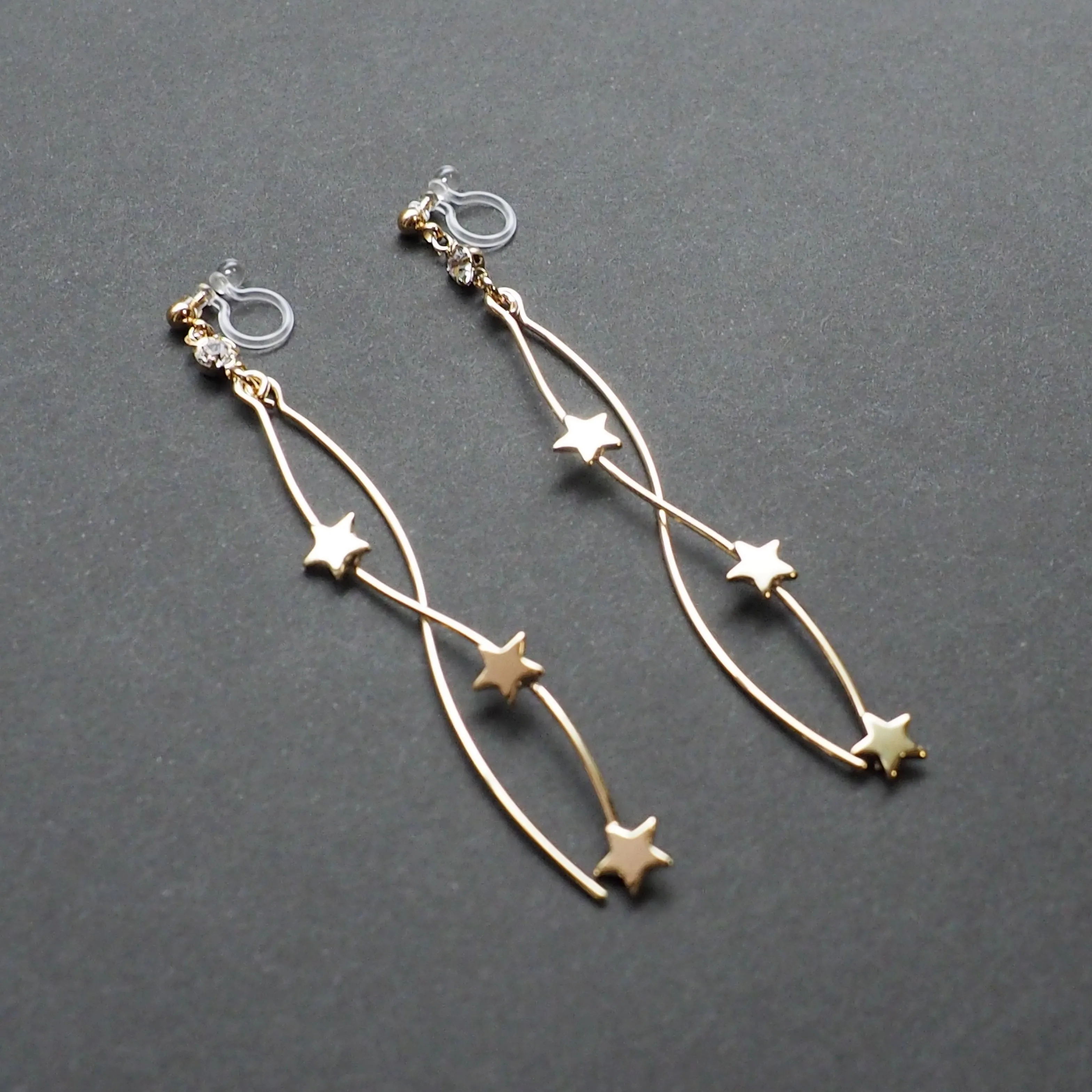 Gold star wave bar dangle invisible clip on earrings