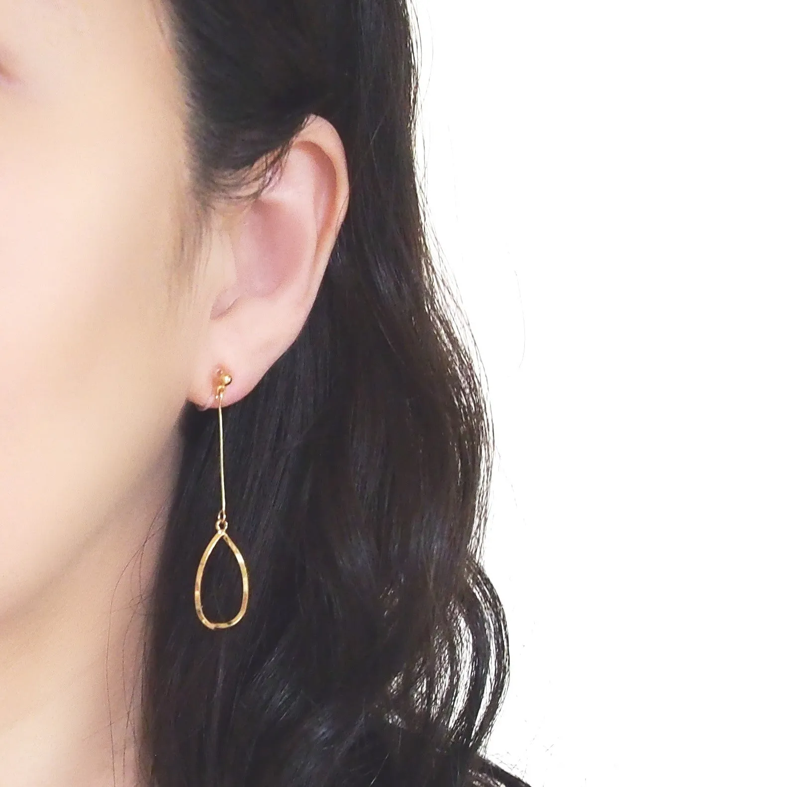 Gold teardrop hoop dangle invisible clip on earrings