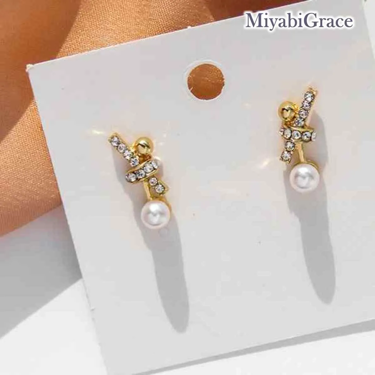 Gold V Crystal Rhinestone & Pearl Invisible Clip On Stud Earrings