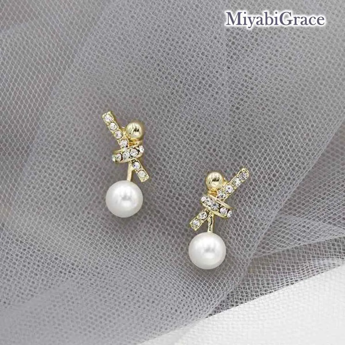 Gold V Crystal Rhinestone & Pearl Invisible Clip On Stud Earrings