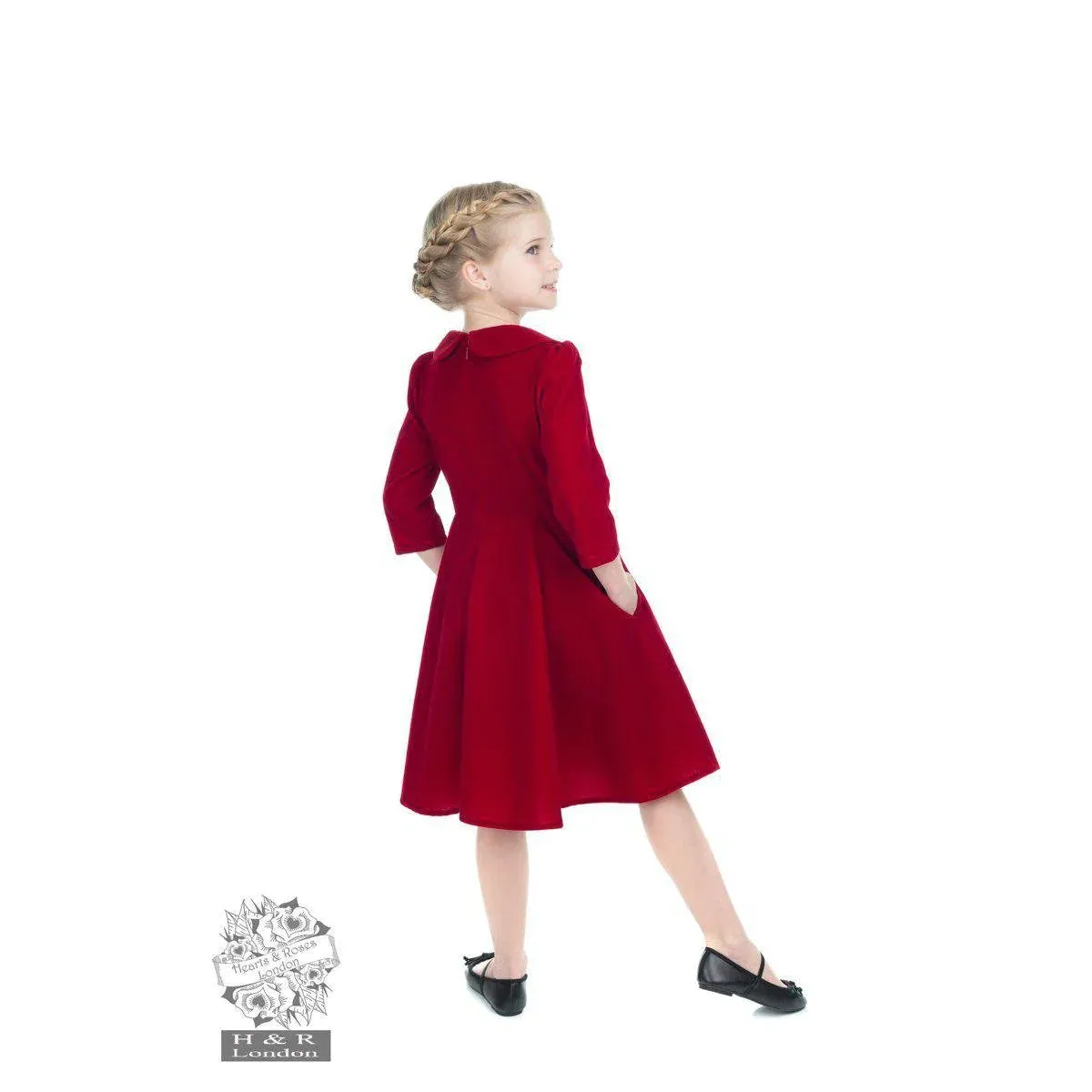 Hearts and Roses Glamorous Velvet Kids Tea Dress in Red or Green