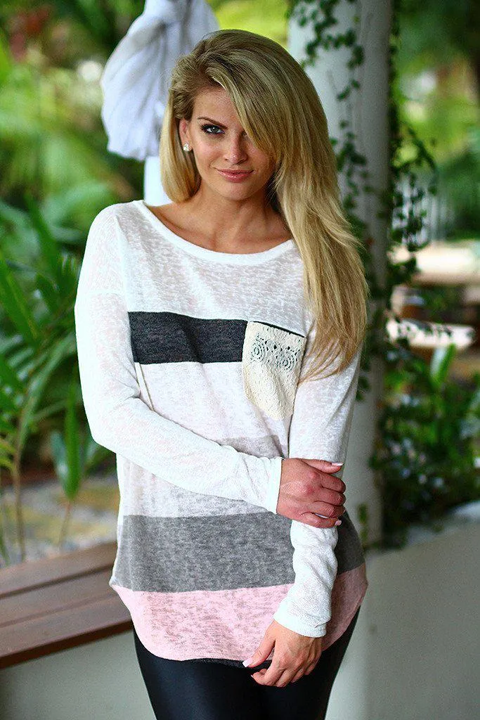 Ivory and Pink Long Sleeve Top With Crochet Pocket