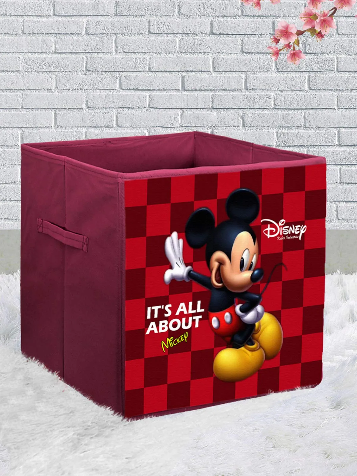 Kuber Industries Disney Mickey Mouse Print Non Woven Fabric Square Foldable Storage Cube Box with Handle (Large Size, Maroon)